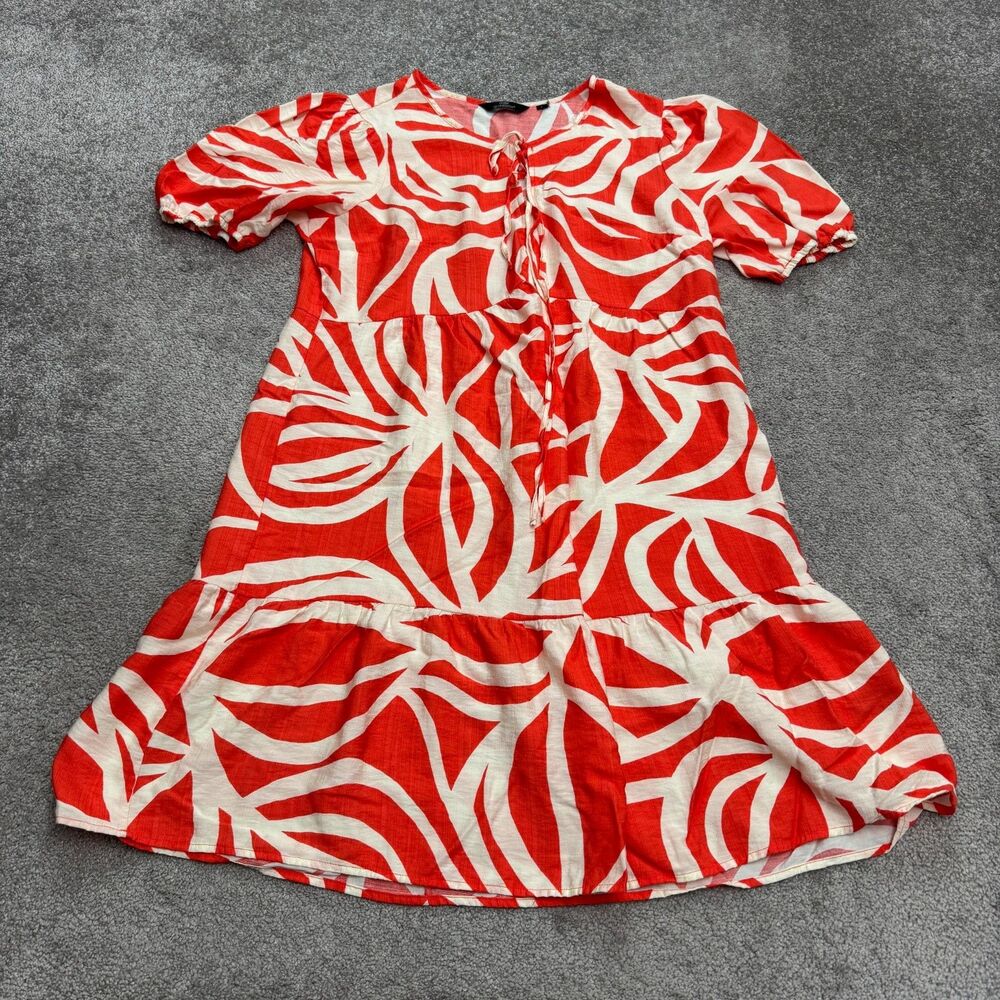 Mille Gabrielle Palm Leaf Tiered Puff Sleeve Midi Dress Womens Large Red Cream